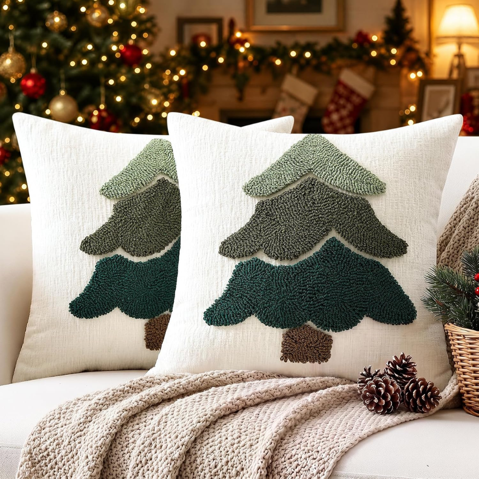 2-Pack Chenille Christmas Tree Pillow Covers 18x18, Green Holiday Decor