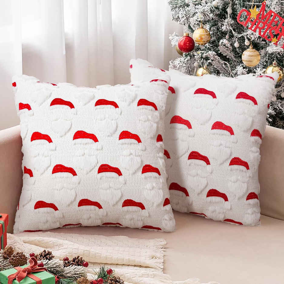 2-Pack Santa Christmas Pillow Covers 18x18, 3D Jacquard Faux Fur Decor
