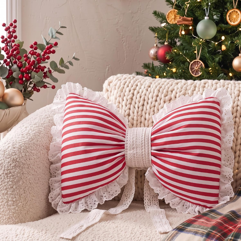 Christmas Bow Throw Pillow Cover, Red & White Striped Decorative Cushion With Lace Ruffle…