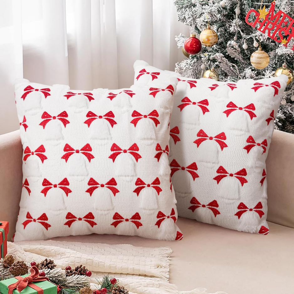 2-Pack Christmas Pillow Covers 18x18, 3D Jacquard Faux Fur Holiday Decor