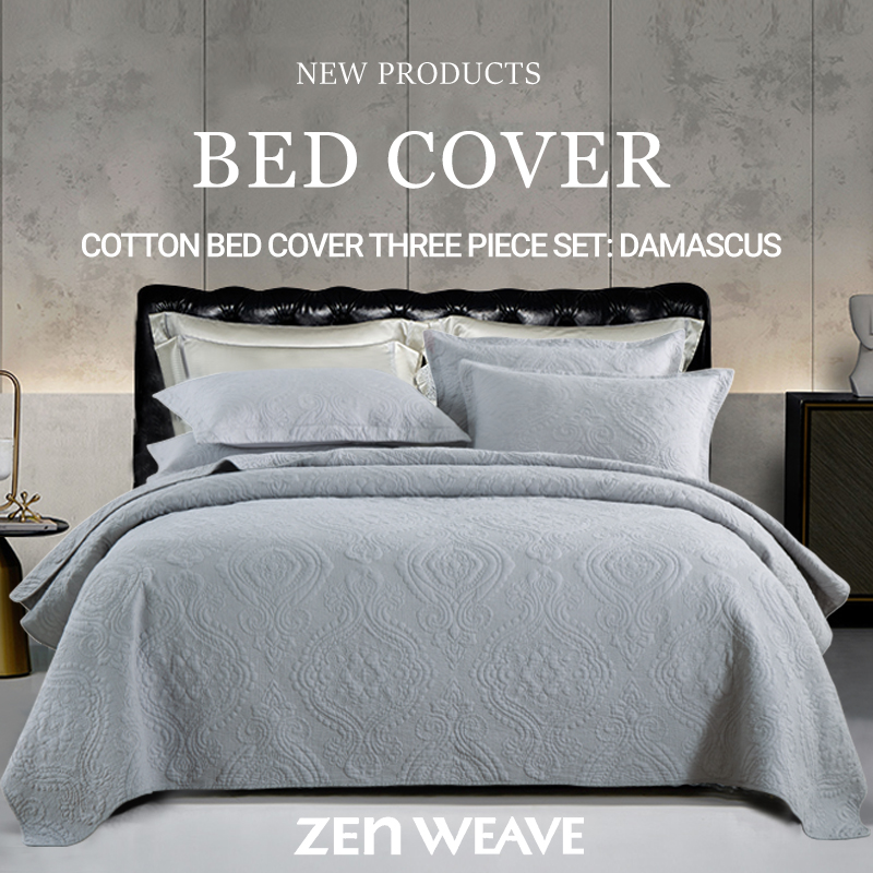 3-Piece Damascus Quilted Bedspread Set Embossed Quilting Cotton Filled Reversible…