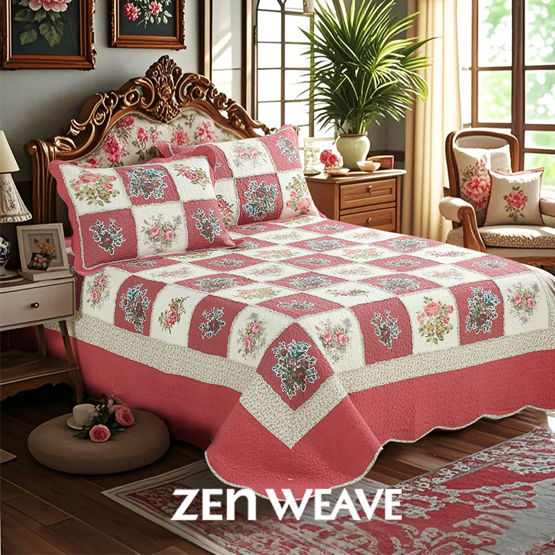 3-Piece Vintage Floral Patchwork Quilted Bedspread Set Red Beige Rose Grid Scalloped Edge…
