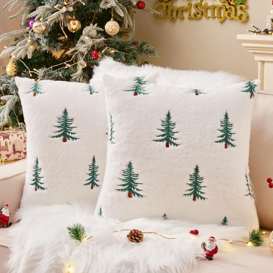 Fluffy Christmas Green Tree Throw Pillow Covers 18x18 Set Of 2