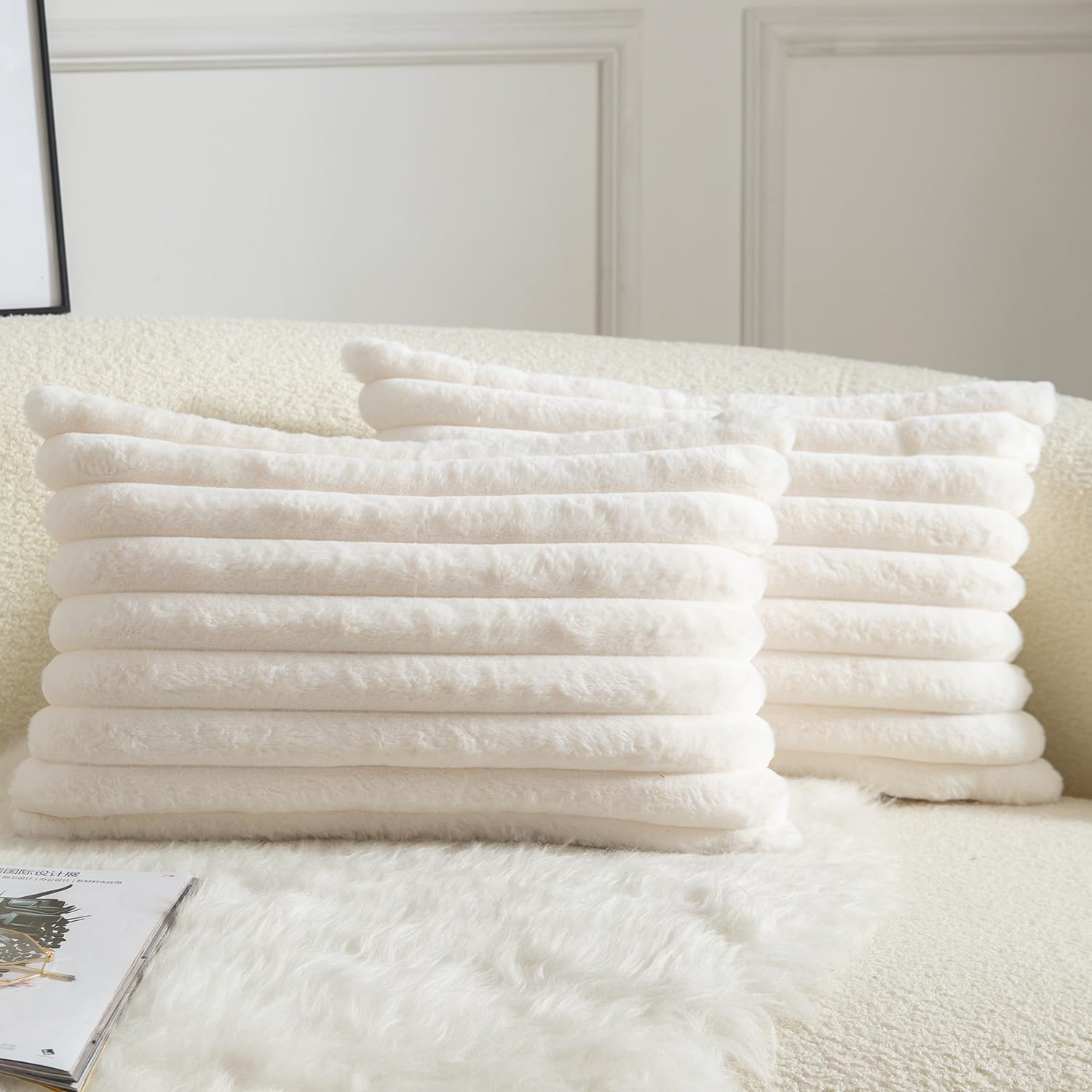 Cream Faux Fur Throw Pillow Covers 2 Units, Striped Plush Cushion Cases 12x20 Inch For…