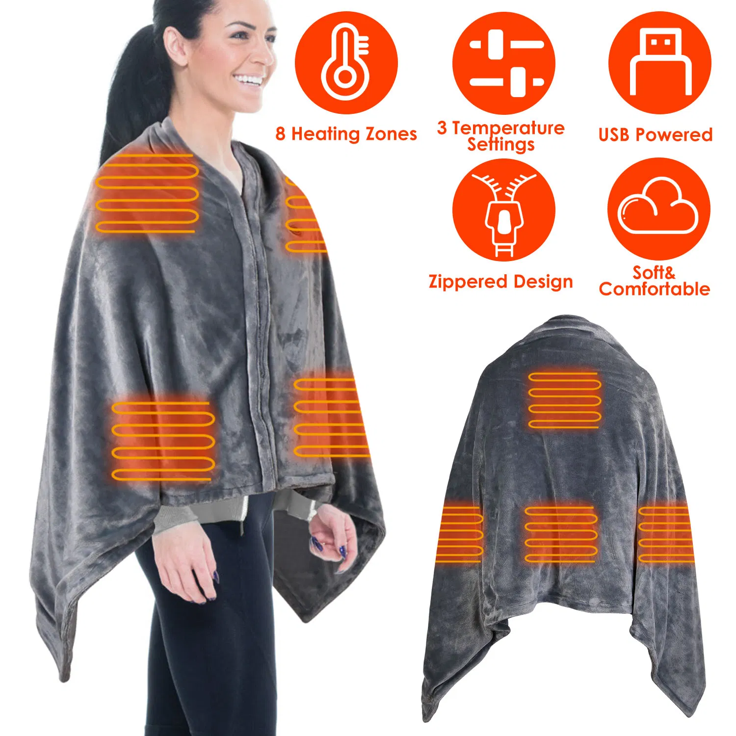 USB Heated Blanket Electric Heated Blanket Heated Poncho Shawl Wrap Throw with Zipper…