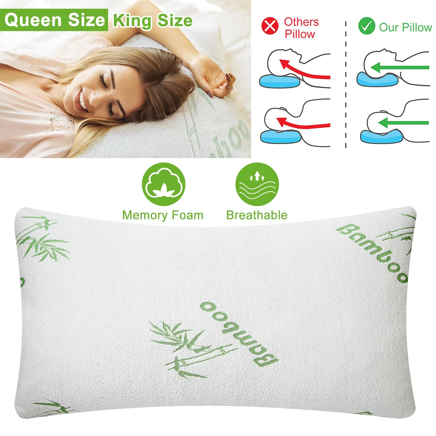 Bamboo Memory Foam Pillow Hypoallergenic Bed Pillow For Head Neck Rest Sleeping Shredded…