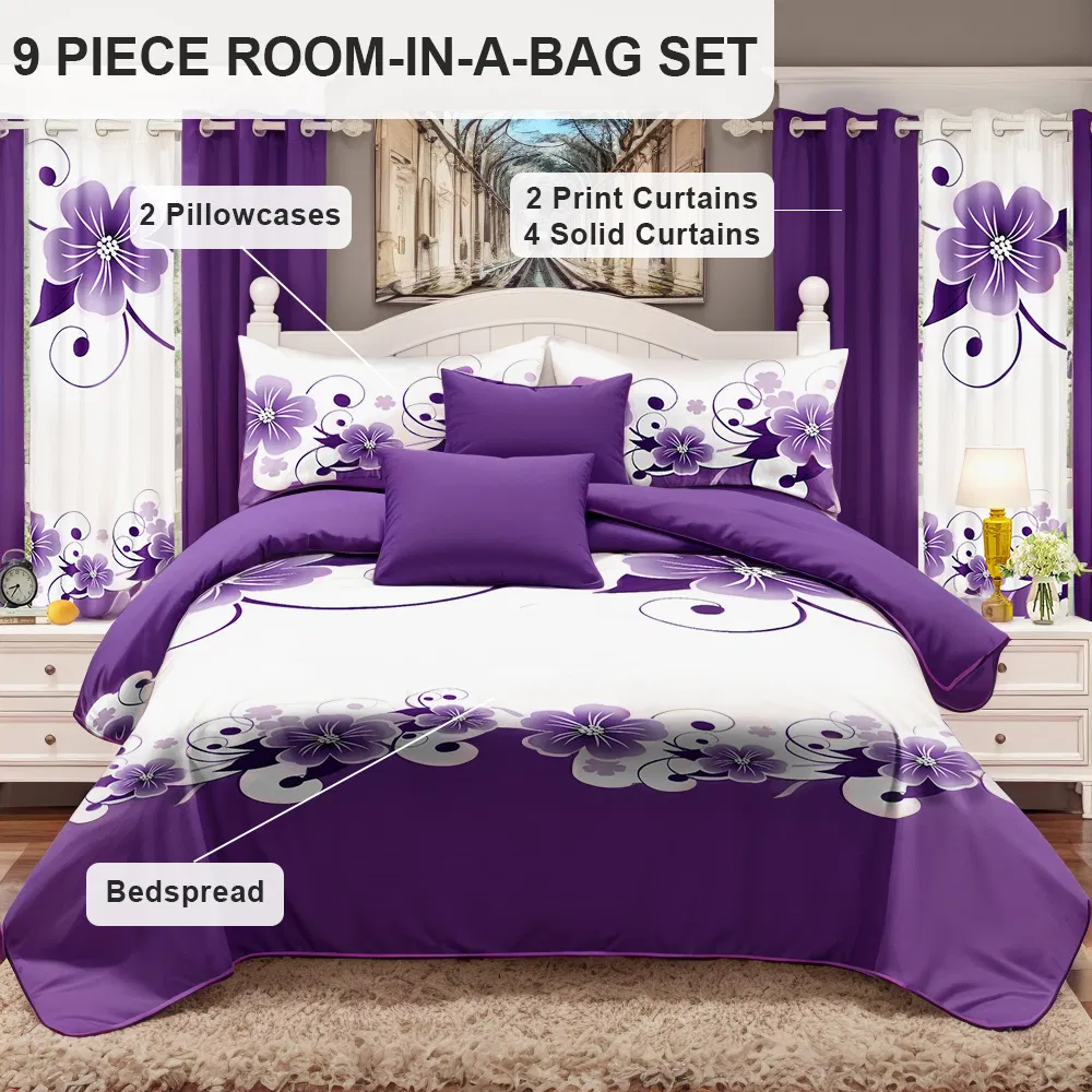 9-Piece Purple Floral Bedding & Curtain Set (Queen/King/Cal King) - Quilted Microfiber Bedspread + Sheer Curtains