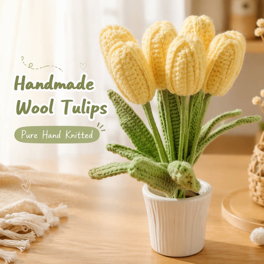 Hand Crocheted Finished Tulip Bouquet Knitted Yarn Handheld Bouquet Artificial Flower For…