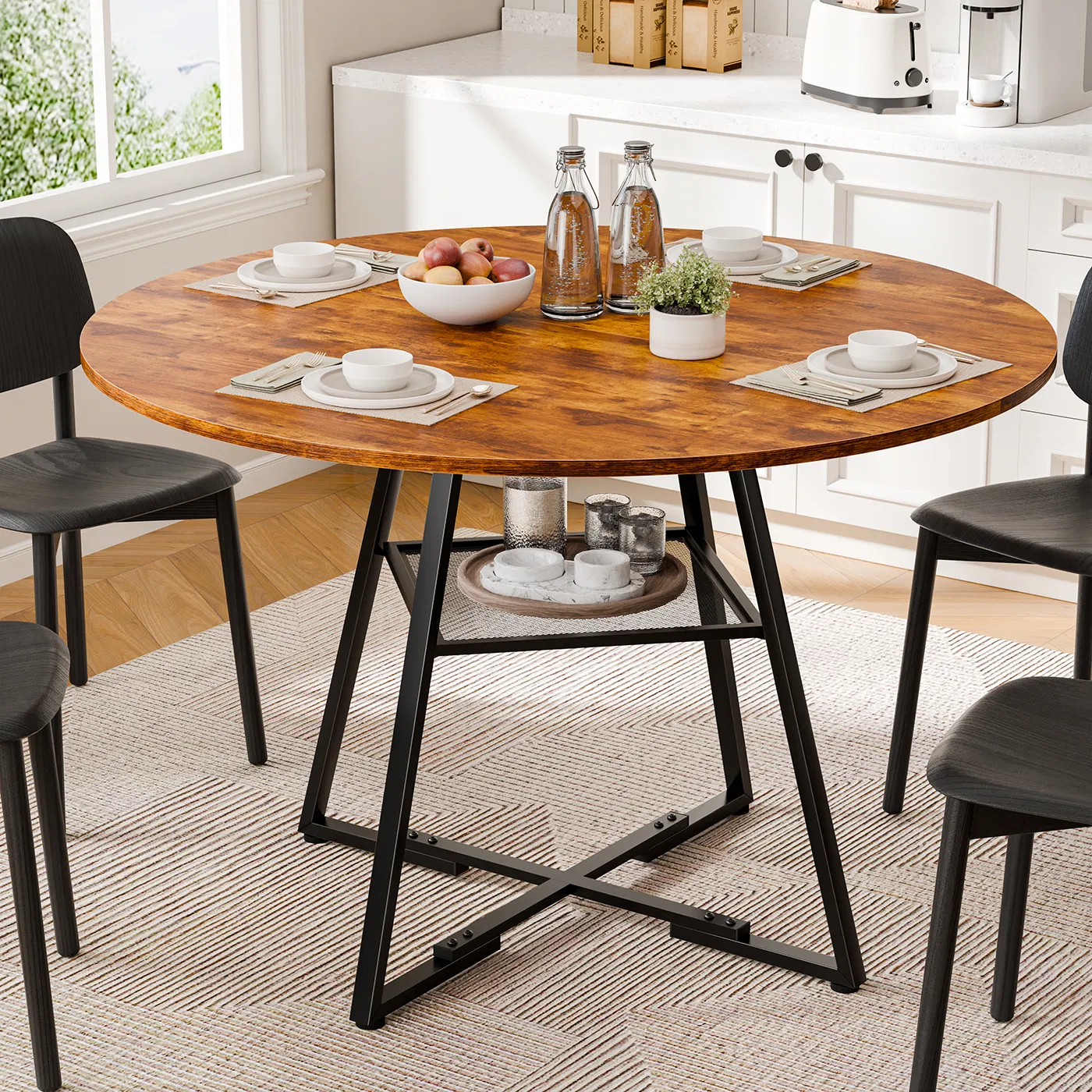 Round table, suitable for 4 to 6 people, a space-saving kitchen table with double-layer…
