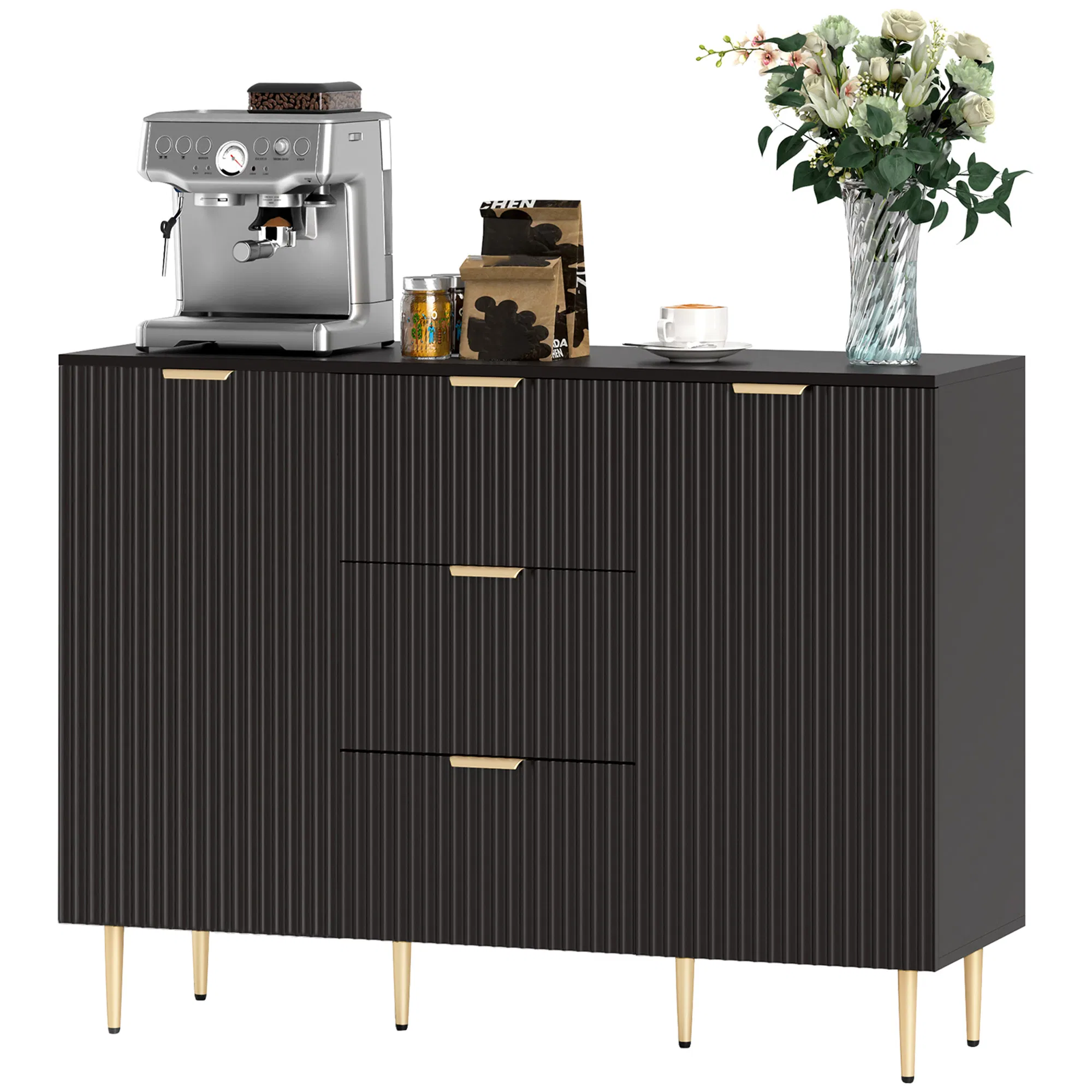 Modern Kitchen Storage Cabinet, Sideboard Buffet Cabinet w/ 3 Drawers and Adjustable…