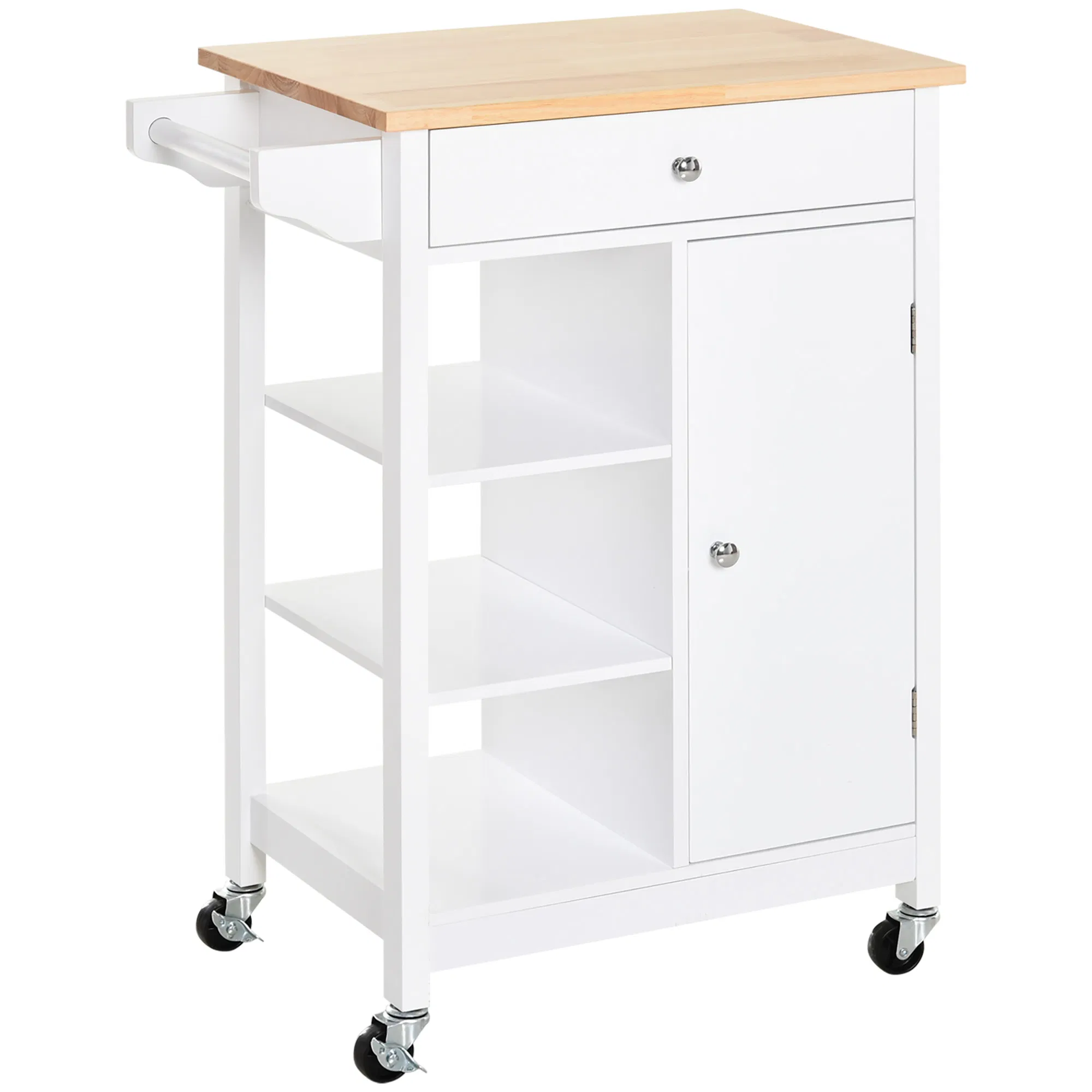 Modern Rolling Kitchen Island Cart with Drawer, Natural Wood Top, Towel Rack, Door…