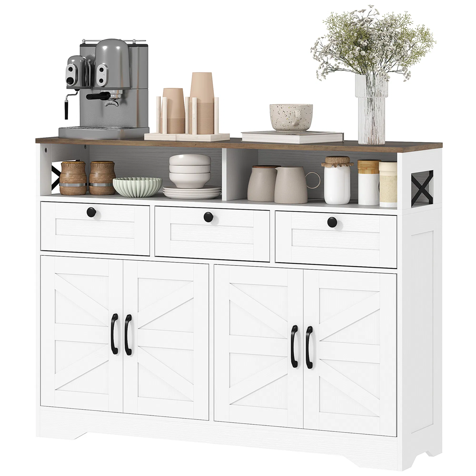 Sideboard, Buffet Cabinet with 4 Barn Doors and 3 Drawers, Coffee Bar Cabinet with…