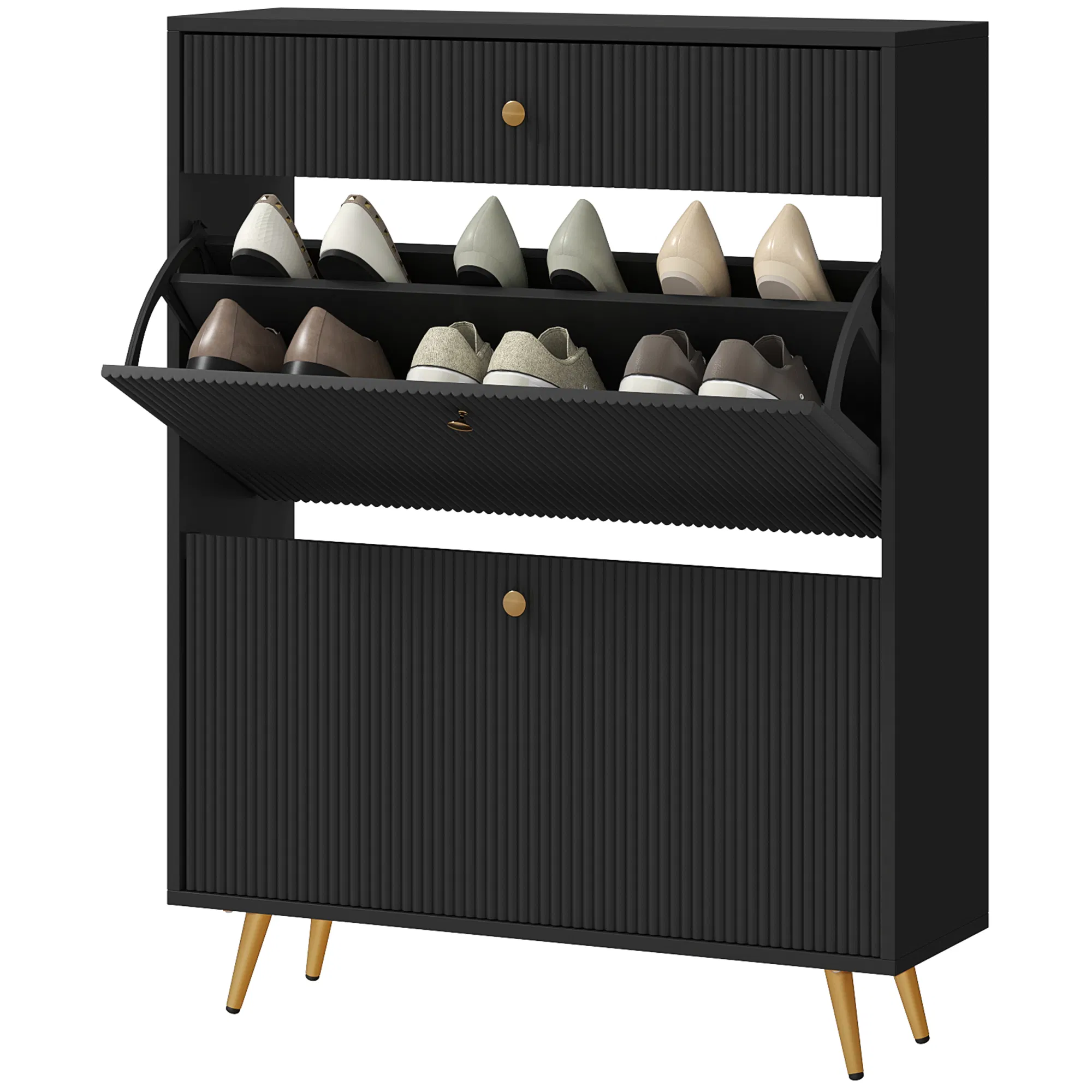 Narrow Shoe Storage Cabinet with Wave-like Panels and Adjustable Shelves for 12 Pairs of…