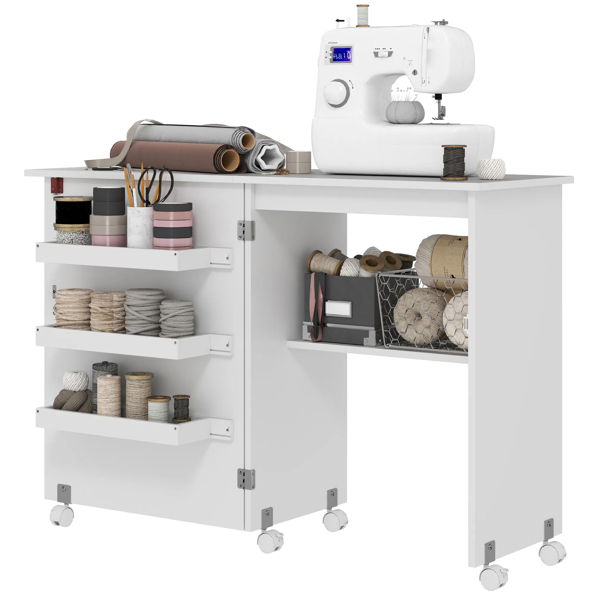 Sewing Machine Cabinet, Folding Sewing Table with Storage Shelf, Bins and Lockable Wheels…
