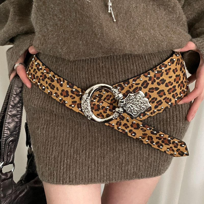Leopard-print Wide Belt Women's Vintage American Style