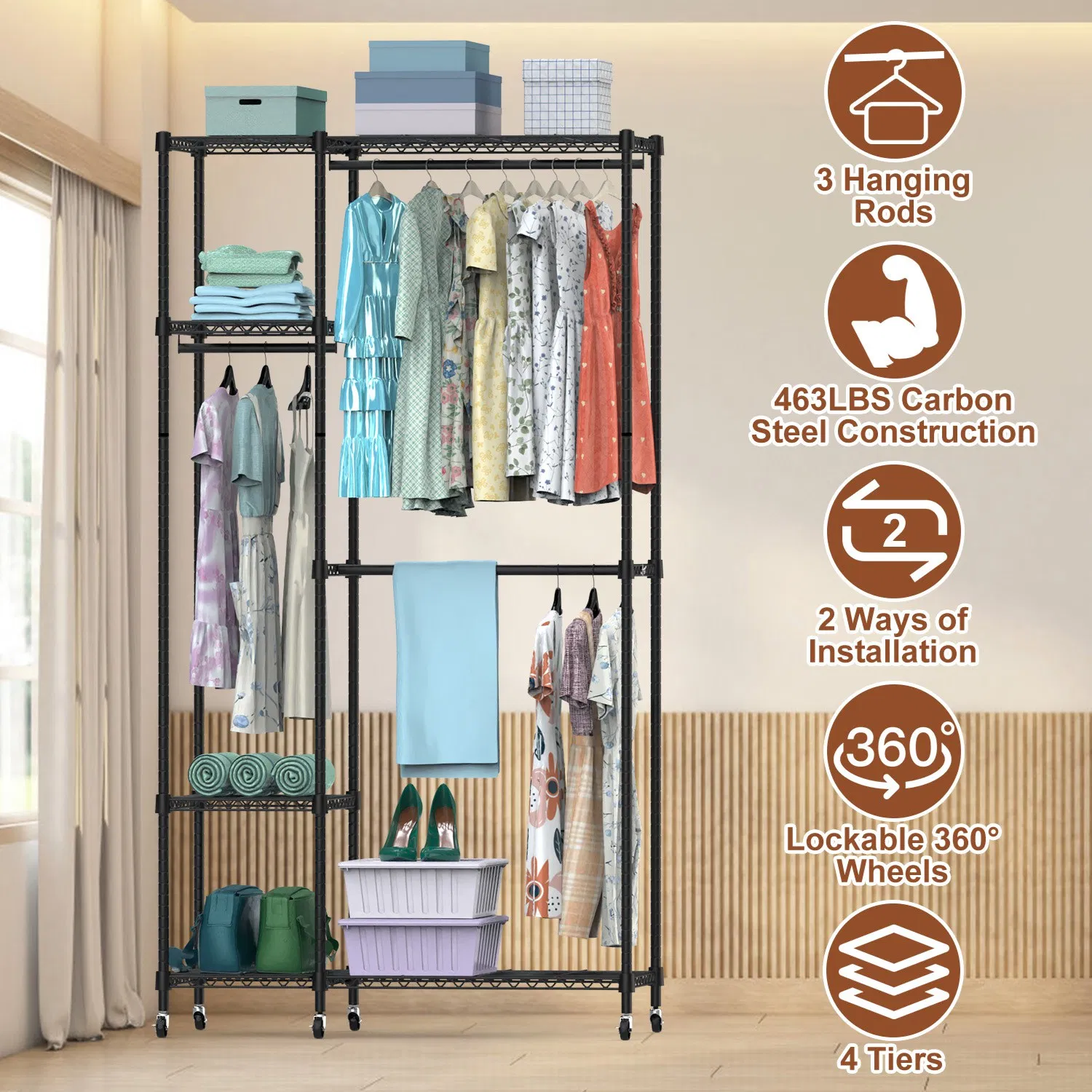 4 Tier Heavy Duty Garment Rack with Wheels Carbon Steel Clothing Rack Portable Wardrobe…