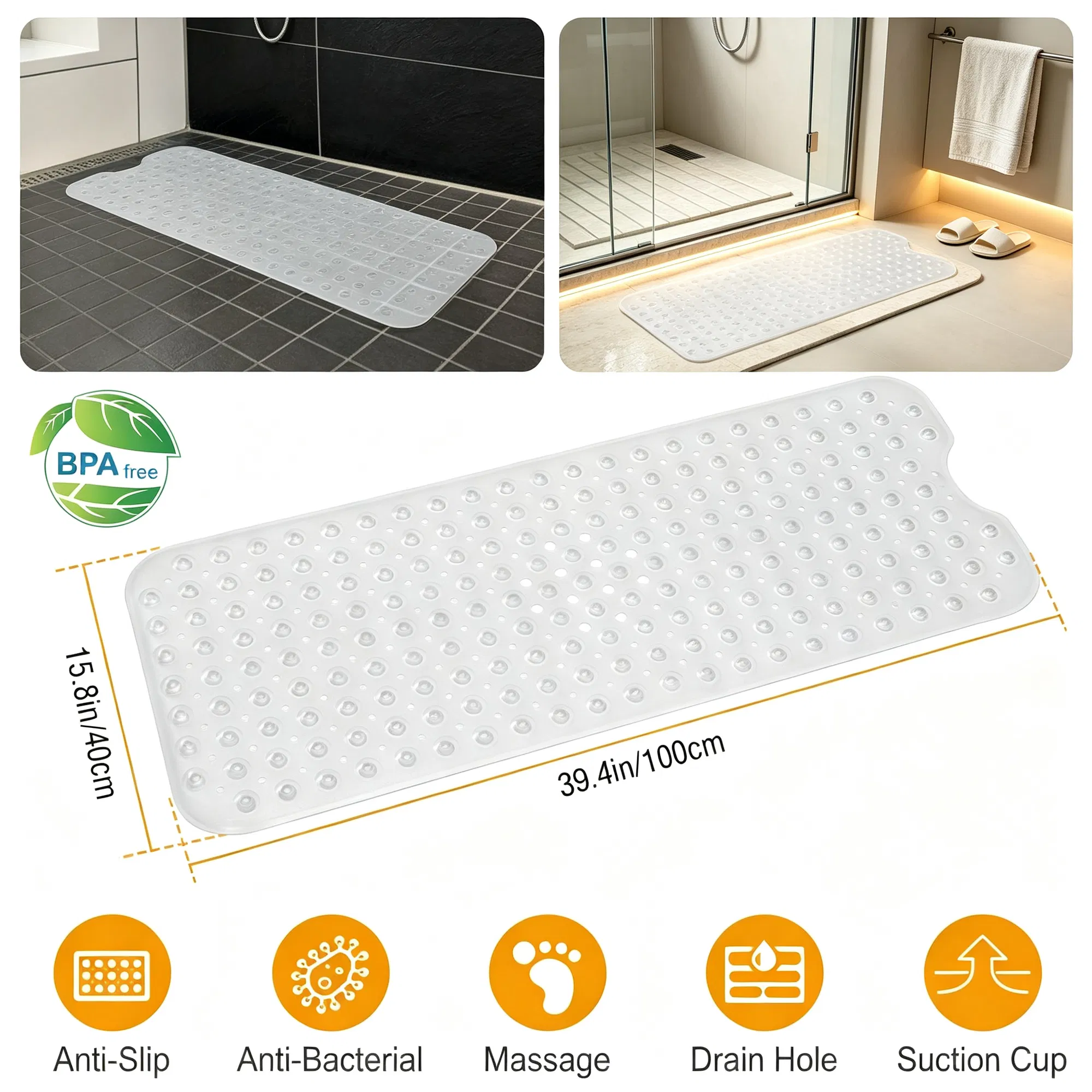 Bathroom Tub Shower Mat, PVC Non-Slip Bathmat with Suction Cups and Drain Holes, Raised…