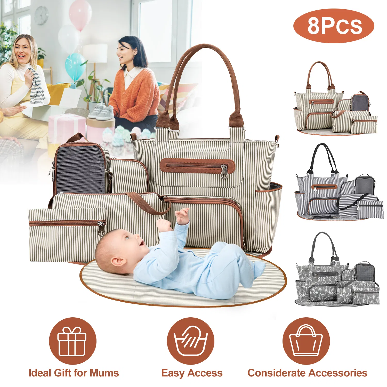 8-Pack Baby Diaper Bag Set - Spacious 12-Pocket Design with Bottle Bag, Diaper Pad & Burp…