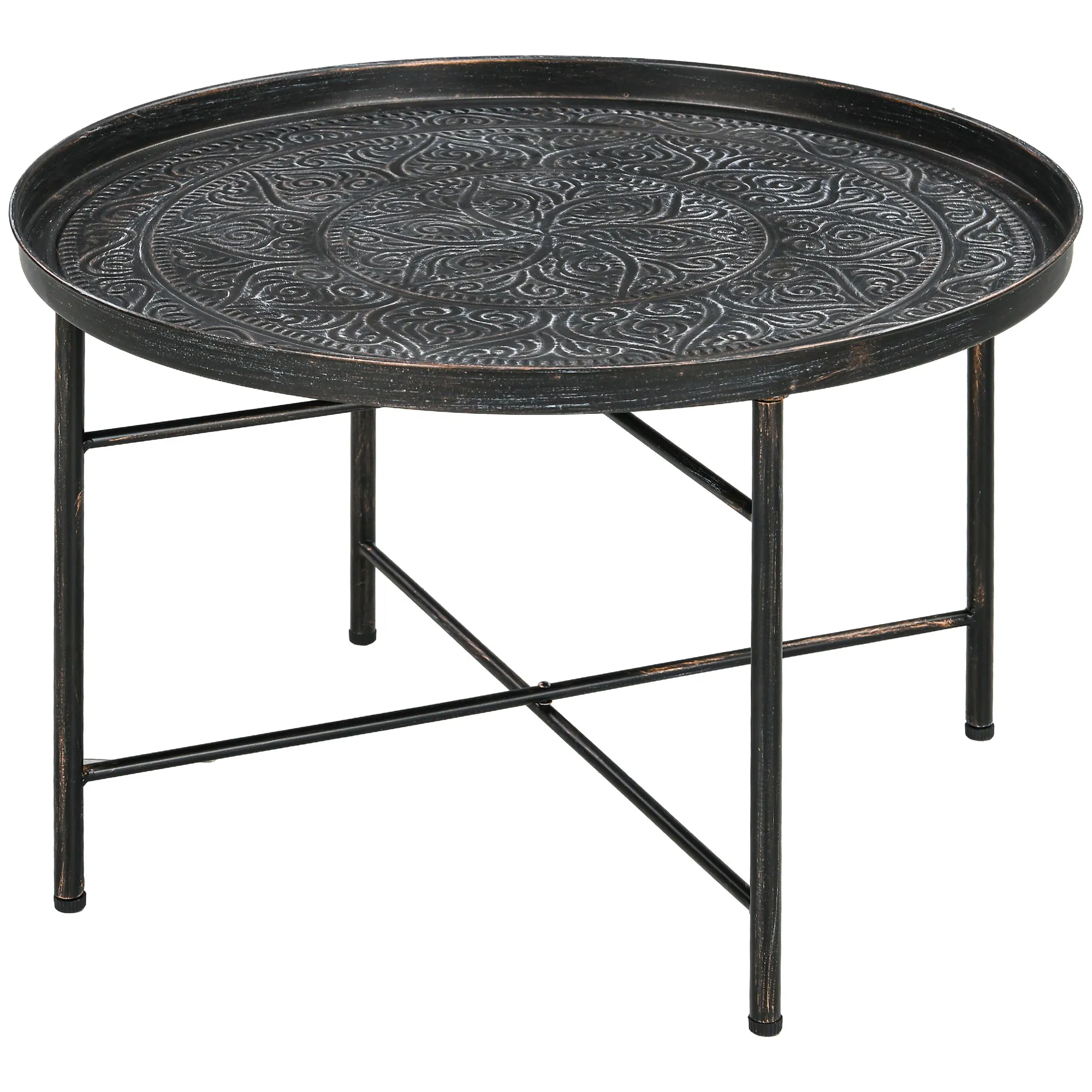Vintage Coffee Table for Living Room, 24" Round Center Table with Hammered Tray Top and…