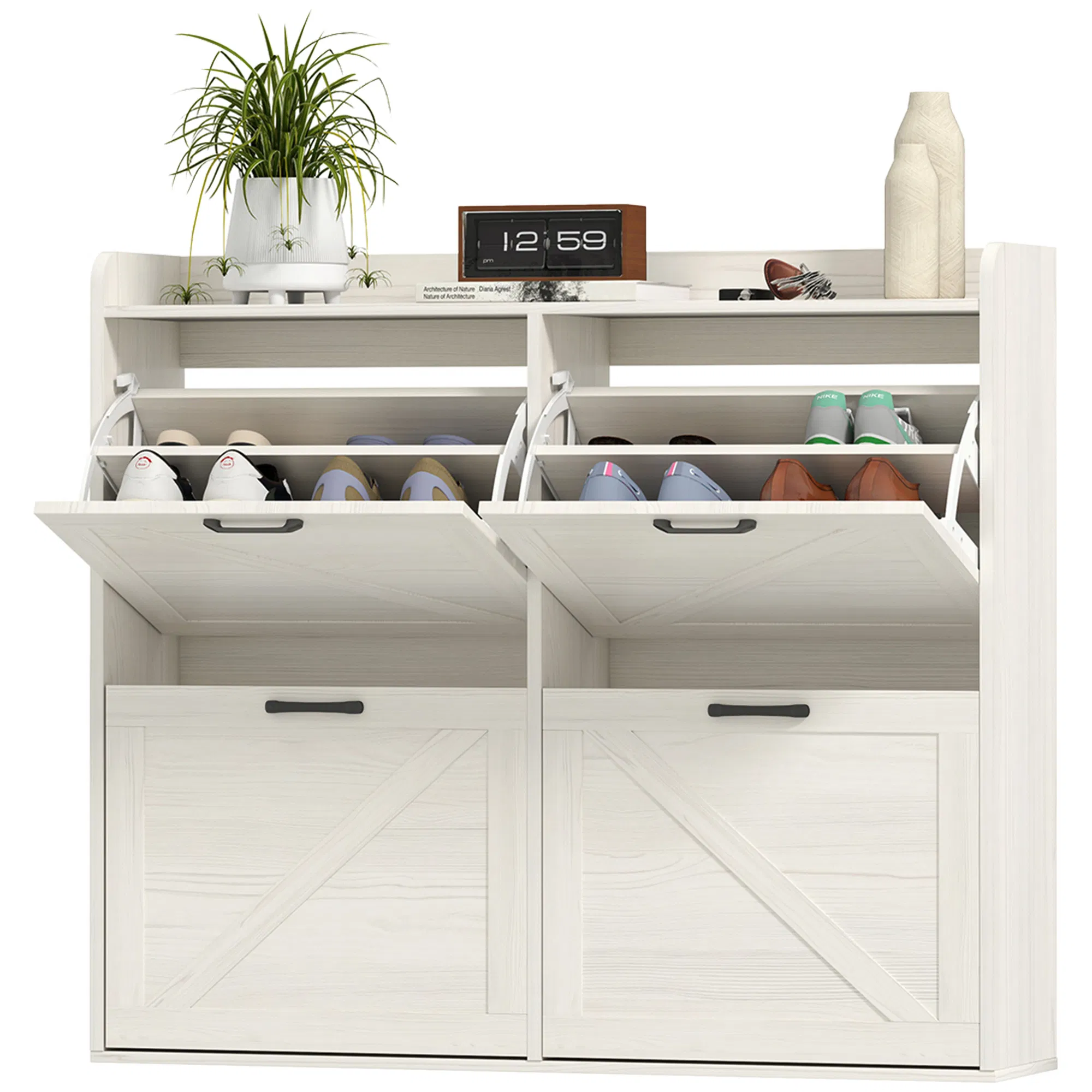 Narrow Shoe Storage Cabinet with 4 Flip Drawers, Adjustable Shelves, 16 Pair Farmhouse…