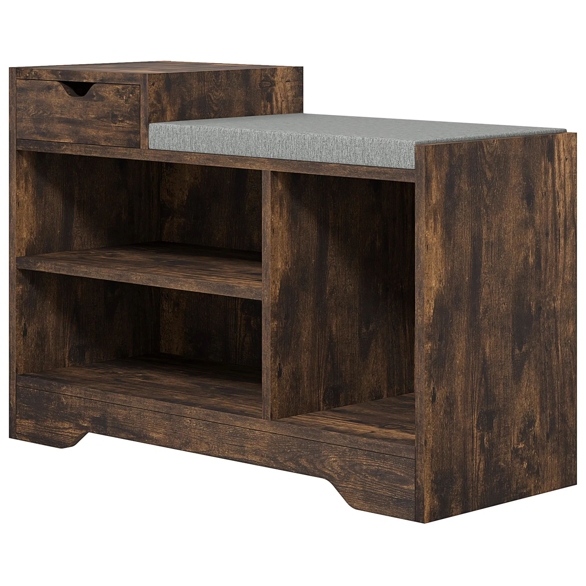 Upholstered Shoe Storage Bench, Hallway Shoe Storage with Seat, Drawer, 3 Open Shelves…