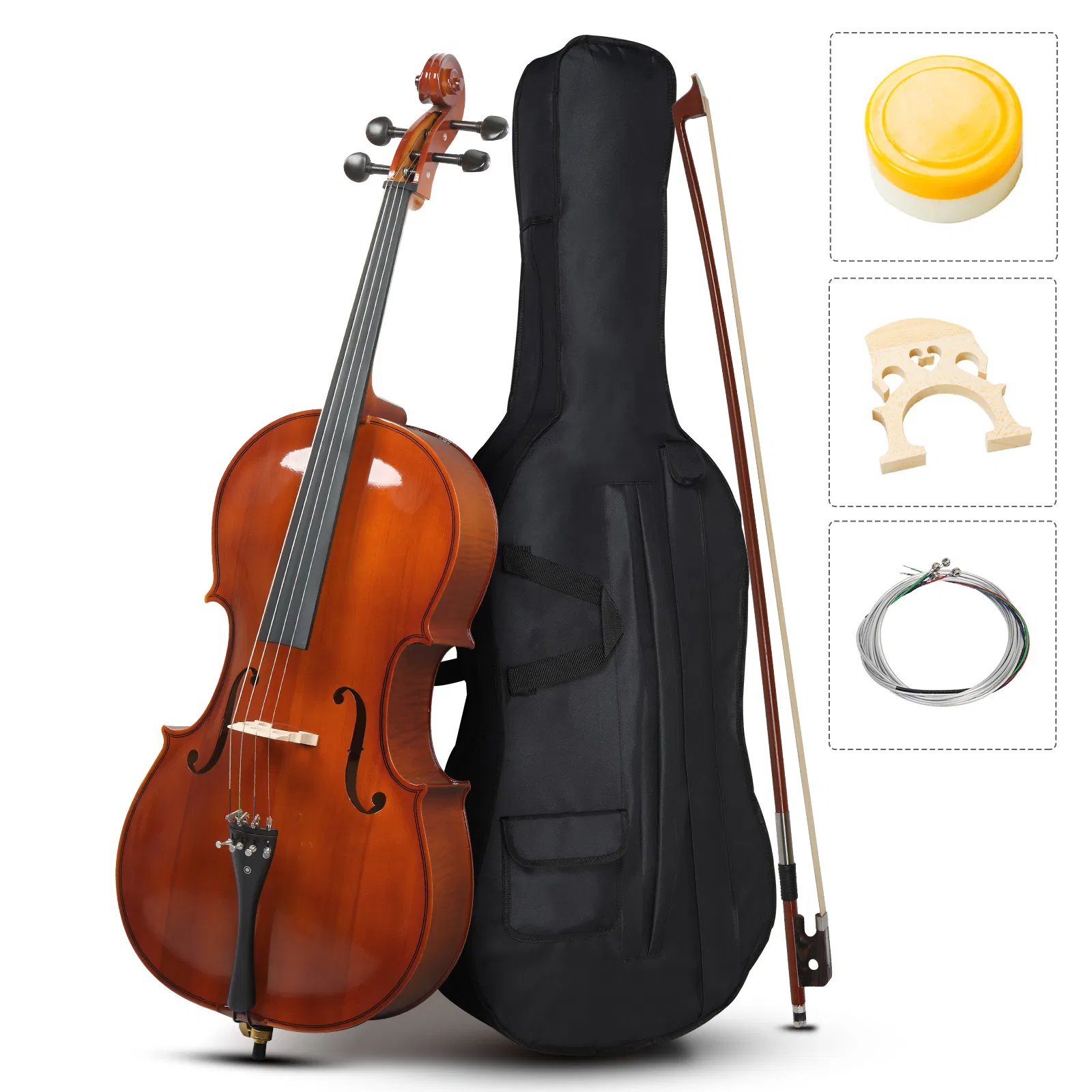 Full Side 4/4 Natural Color Spruce Panel Cello Tiger pattern process with Bag Bow Rosin…