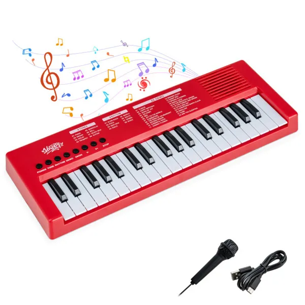 Red 37 Keys Kids Electronic Keyboard With Microphone, 8 Tones & 8 Rhythms Piano Toy For…