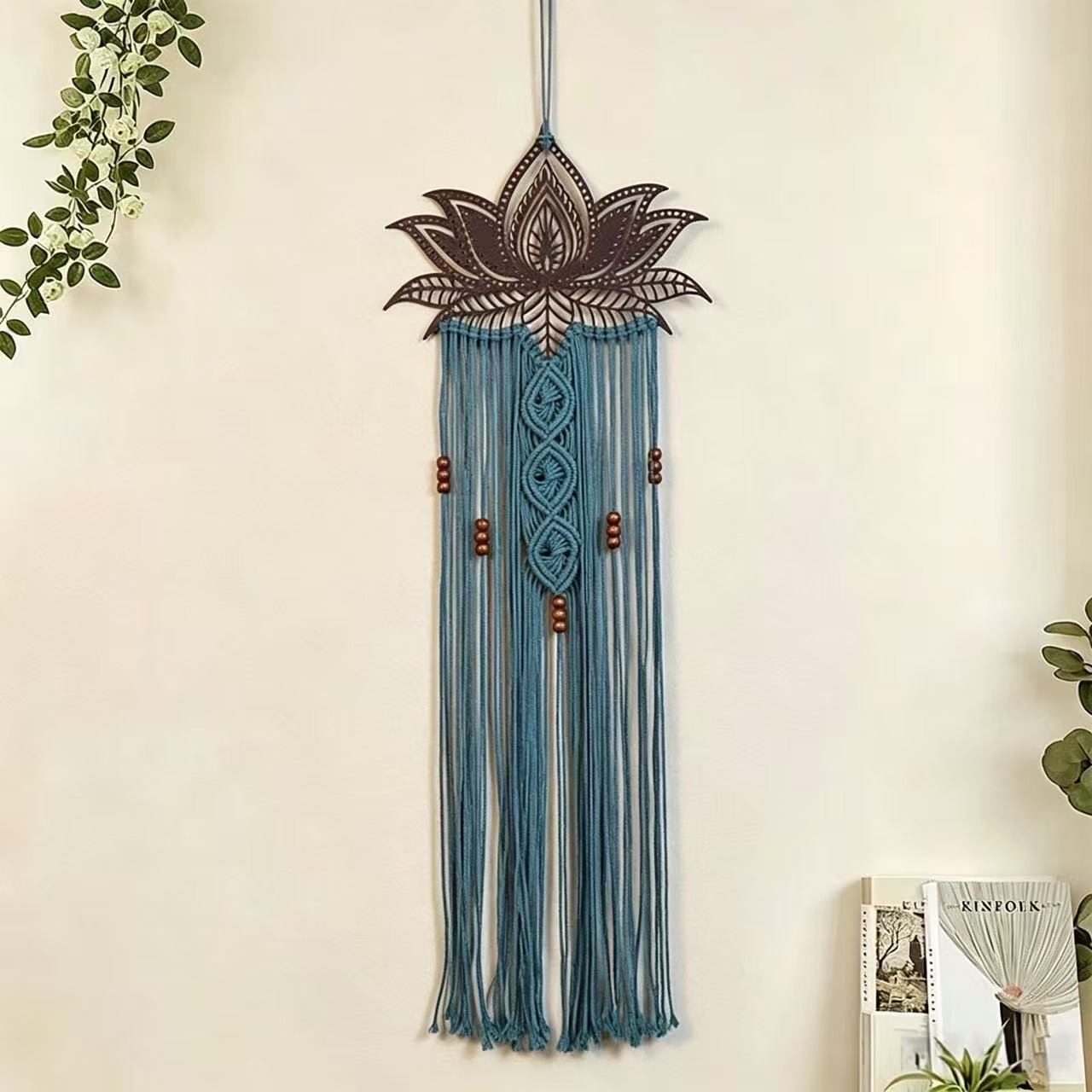 Bohemian Lotus Woven Iron Tapestry with Tassels - Handmade Cotton Rope Wall Hanging for…