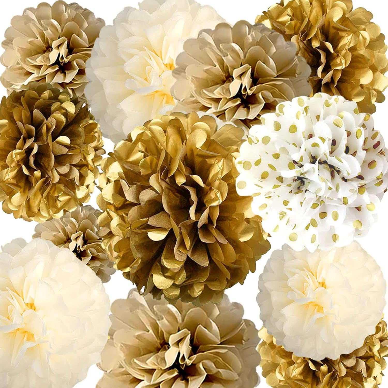 Gold White Tissue Paper Pom Poms 12 Units, Hanging Party Decorations For Wedding…