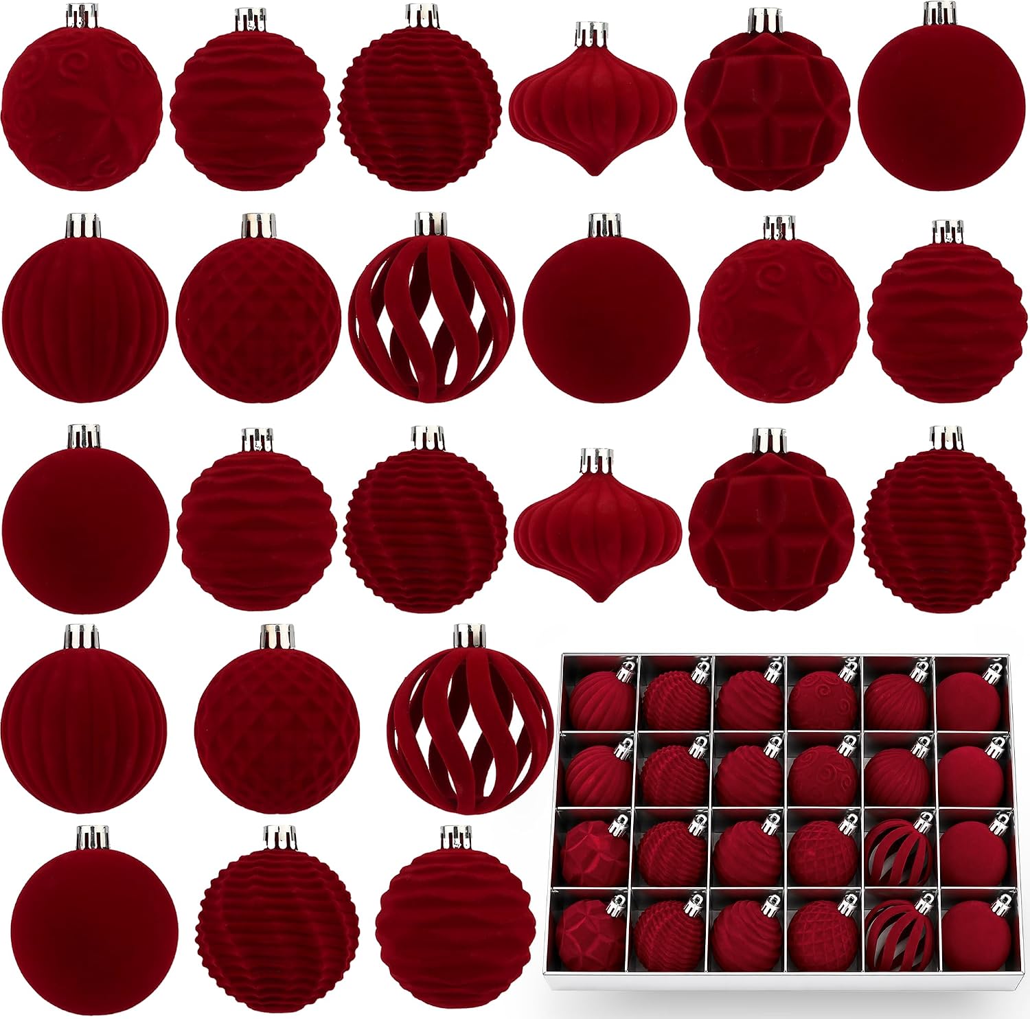Burgundy Velvet Christmas Ball Ornaments 24 Units, 9 Designs 2.36 Inch Hanging Tree…