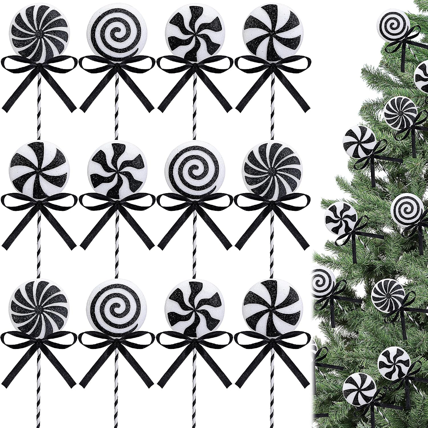 Christmas Swirl Lollipop Tree Picks 12 Units, 8.5 Inch Black White Picks For Vase…