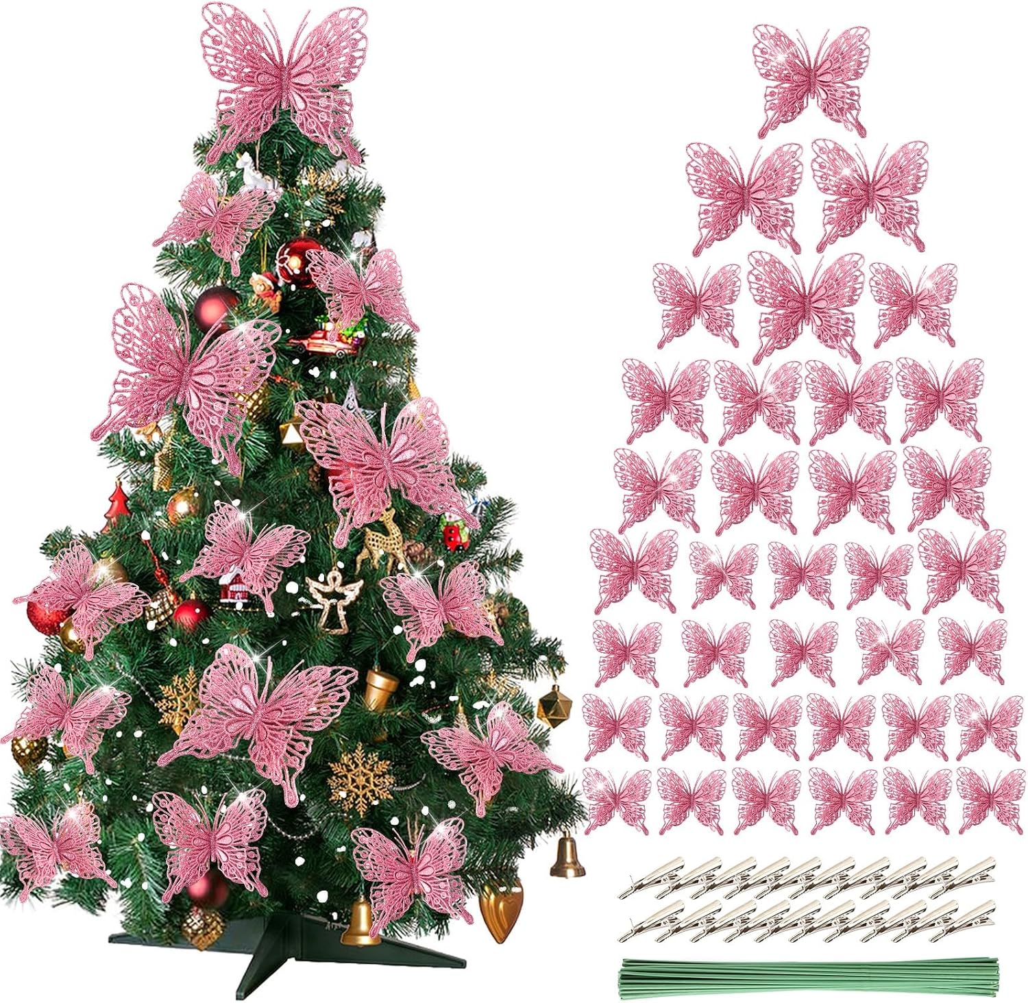 Pink Glitter Butterfly Christmas Ornaments 36 Units, 3D Hollow Out Decorations In 3 Sizes…