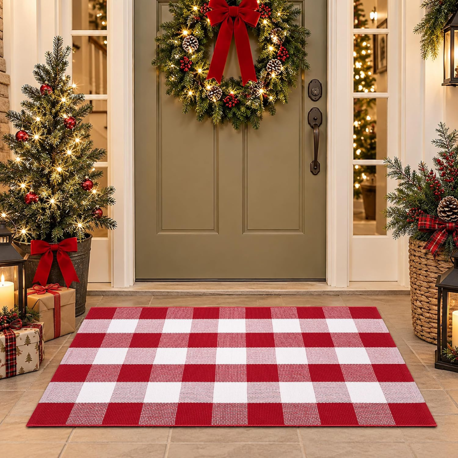 Christmas Red And White Plaid Door Mat, 28 X 43 Inches Cotton Hand-Woven Layered Entry…