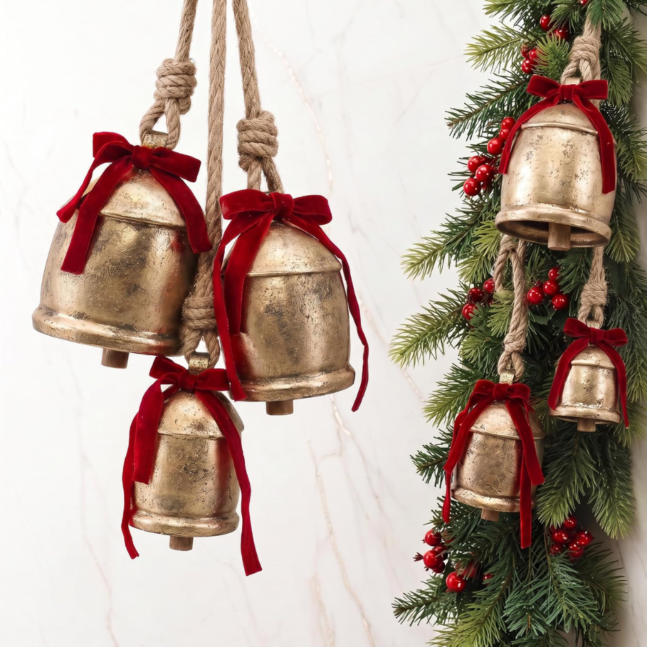 Charming Vintage Christmas Decor Set Of 3 Gold Metal Bells