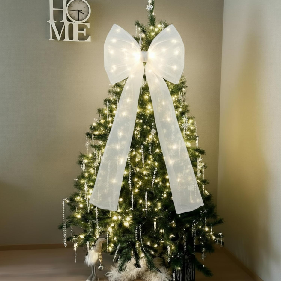 Giant White Mesh LED Christmas Tree Topper Bow, Large Holiday Tree Decoration