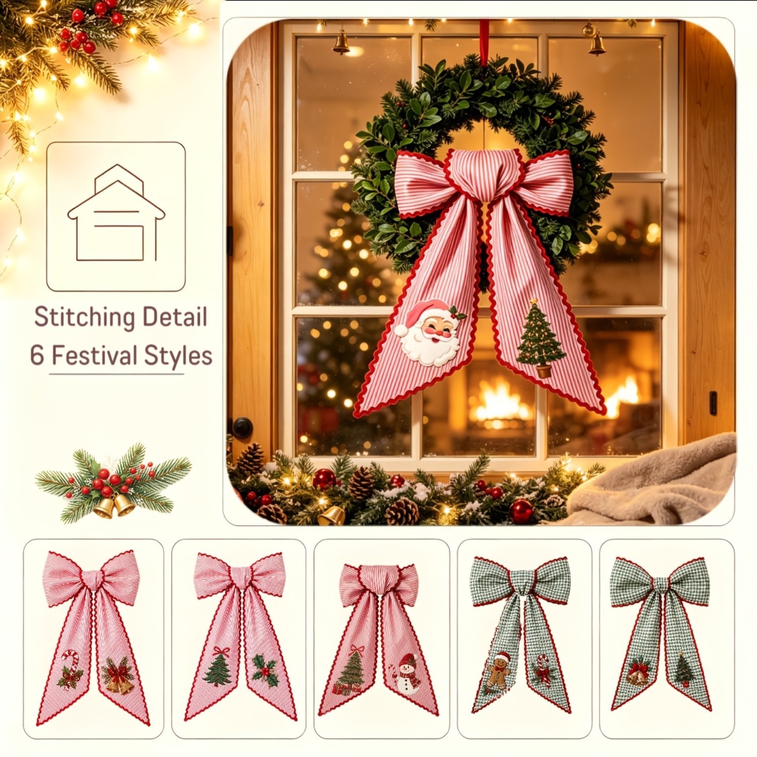 Christmas Striped Bow Hanging Decoration Printed Santa Tree Fabric Holiday Home Party…