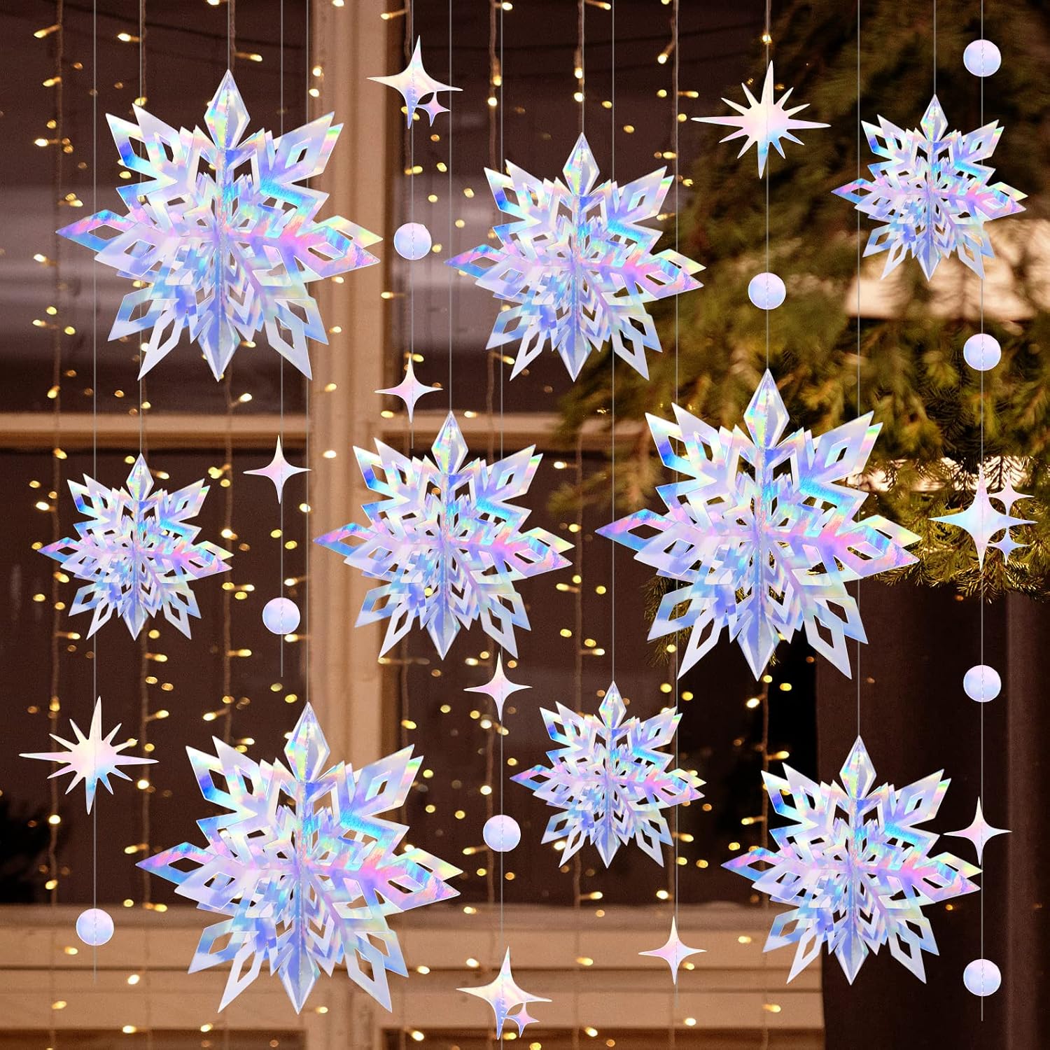 Christmas Hanging Snowflake Decorations 18 Units, 3D Holographic Snowflakes For Winter…