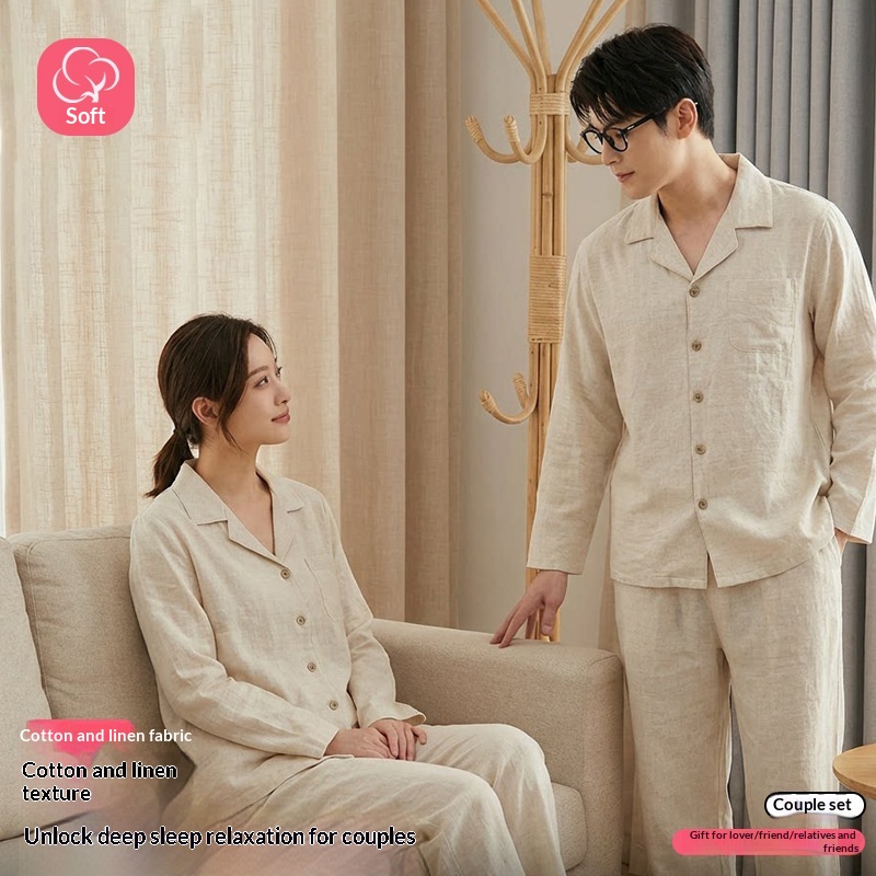 Simple Solid-color Cotton-linen Pajama Set For Couples Spring And Autumn Collection