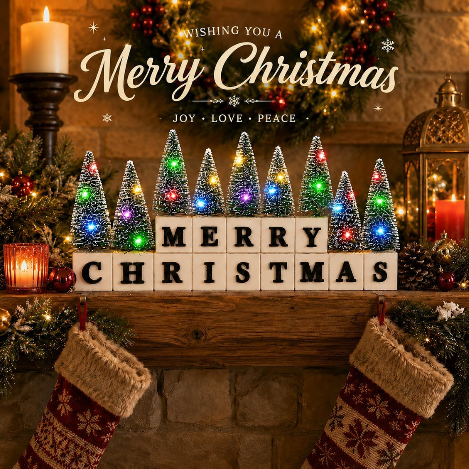 Christmas Table Decor With Multicolor Lighted Mini Trees And 3D Letters Wooden Christmas…