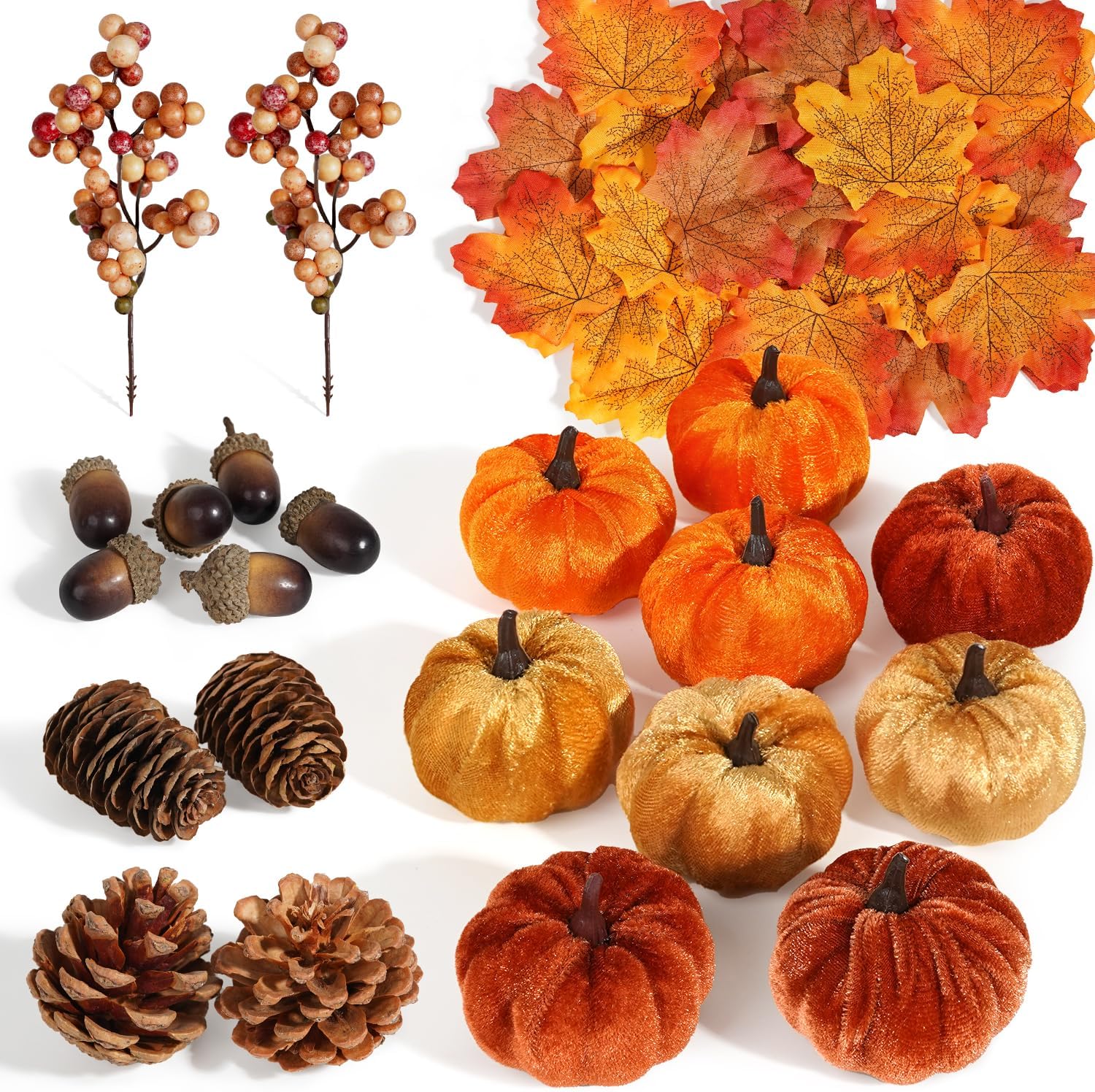 Artificial Fabric Pumpkins 51 Units, Fall Harvest Decorations With Acorns, Pinecones…