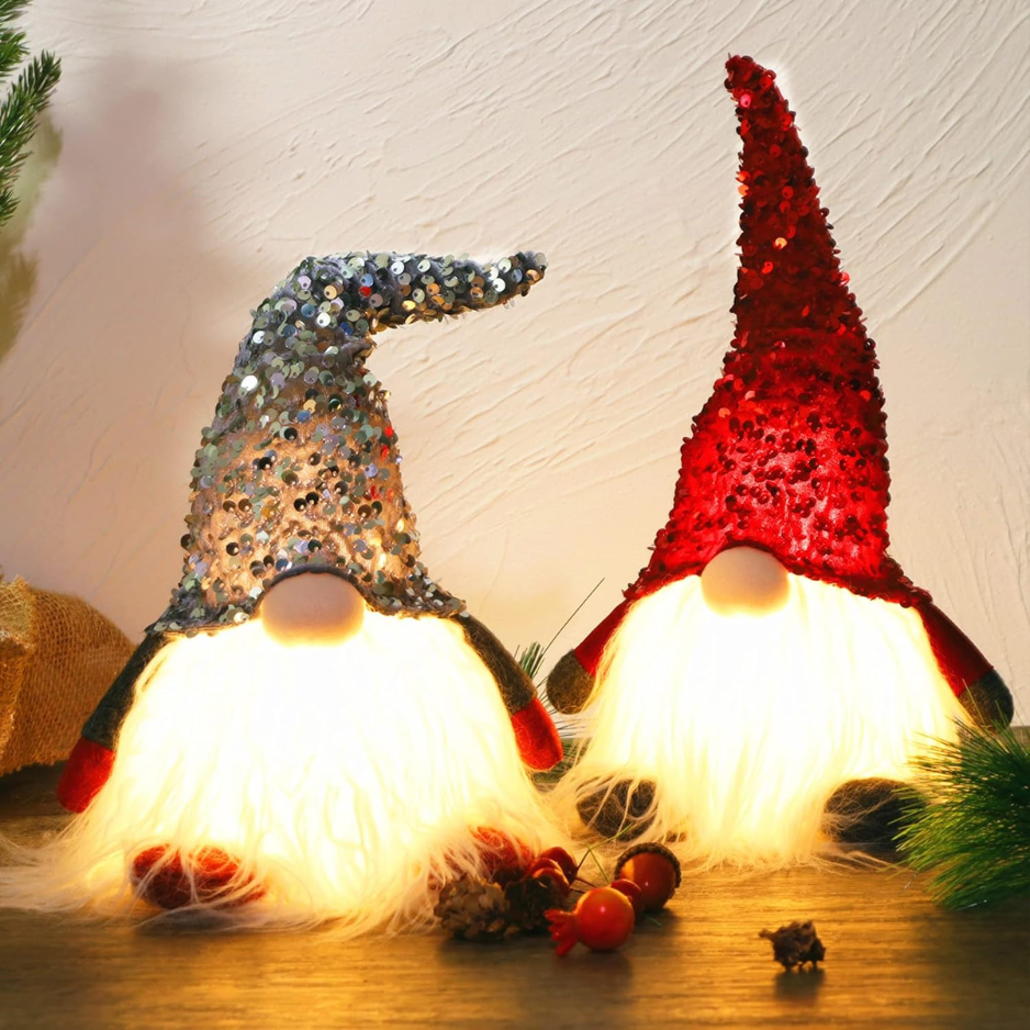 12 In Lighted Christmas Gnome, Handmade Sequins Hat Scandinavian Swedish Tomte, Light Up…