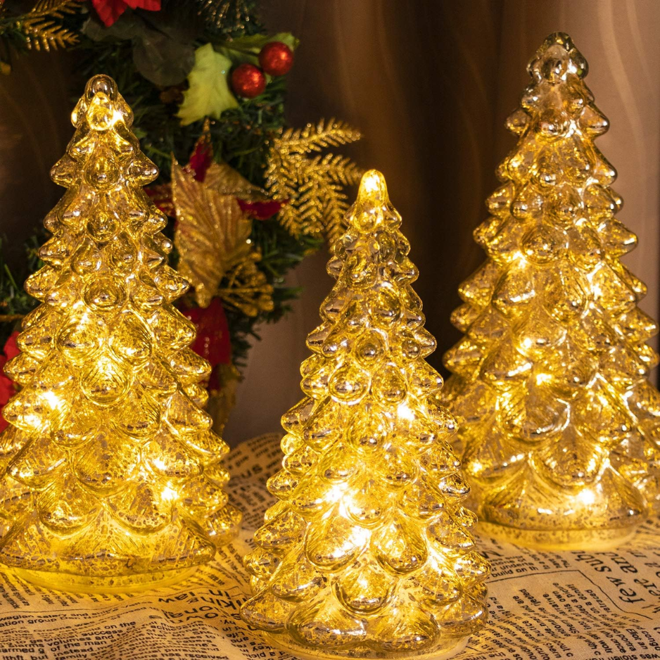 Lighted Glass Christmas Tree Figurine With Timer Set Of 3 Mercury Glass Christmas…