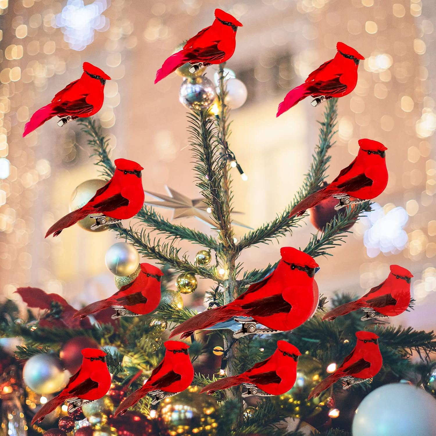 Cardinal Christmas Tree Ornaments 12 Units, Red Feather Clip On Bird Decorations 2.8 Inch…