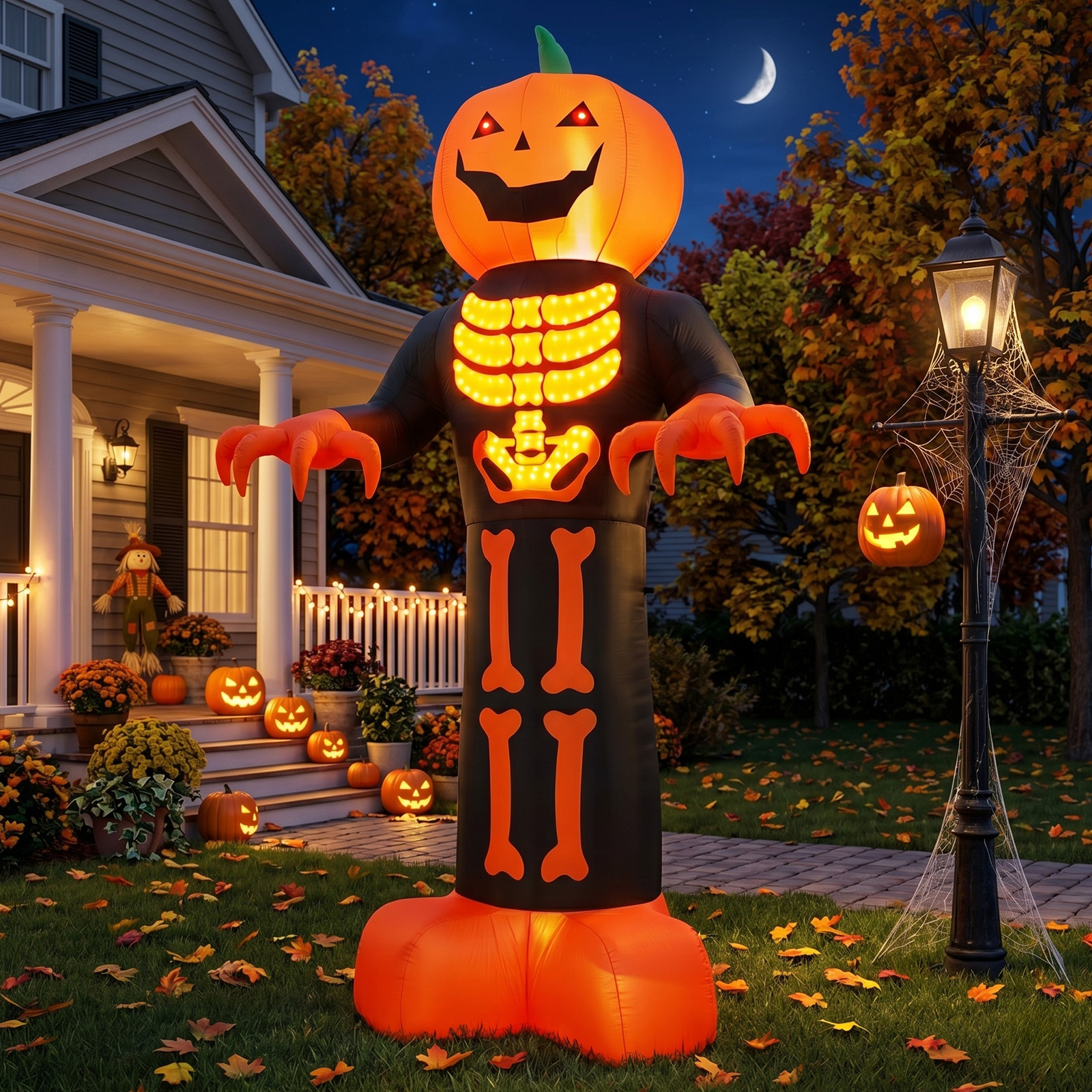 12ft Inflatable Halloween Decor With Skeleton Ribs,Pumpkin & Grim Reaper,3 LED Lights…