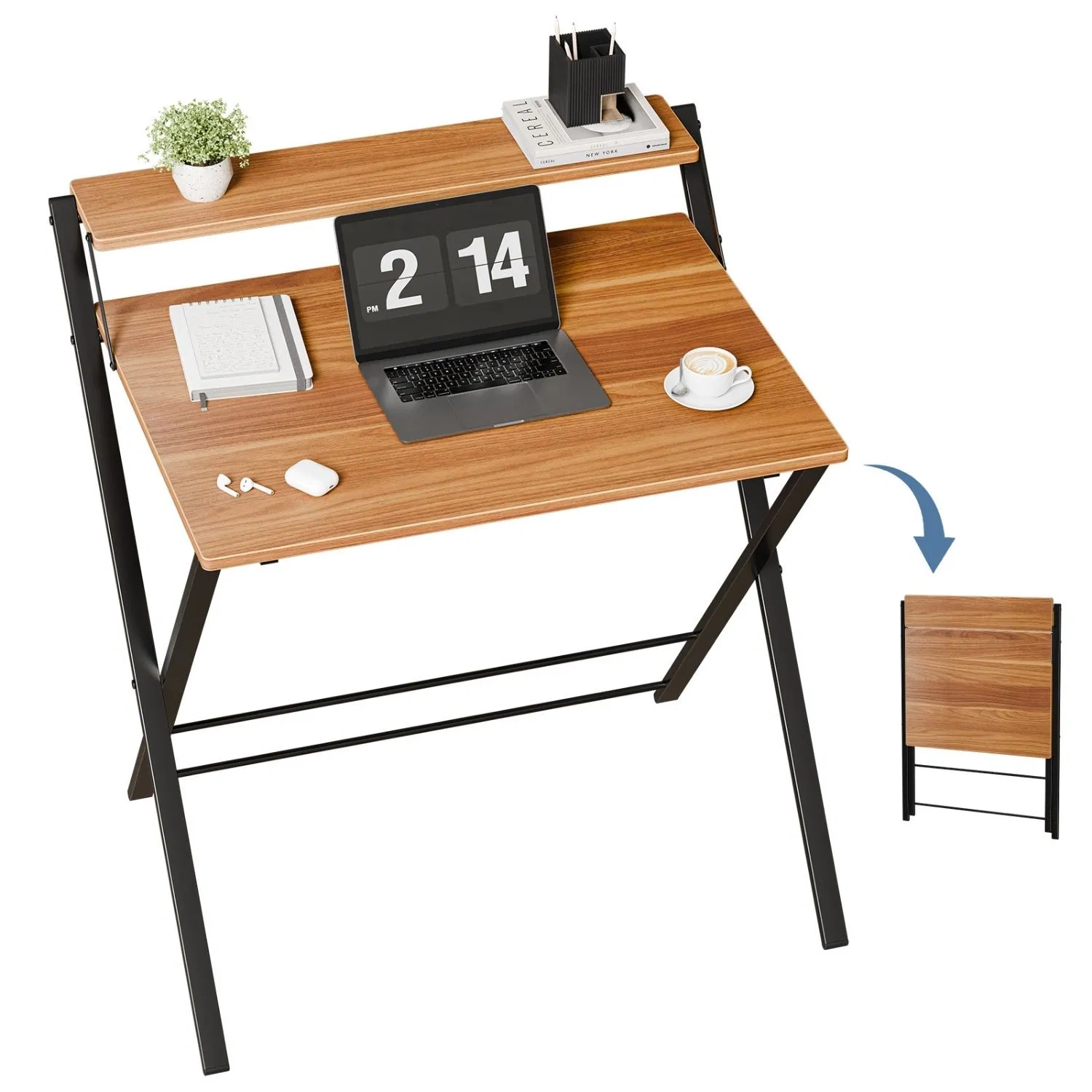 Small Folding Desk with Shelf, No-Assembly Foldable Computer Table for Tight Spaces…