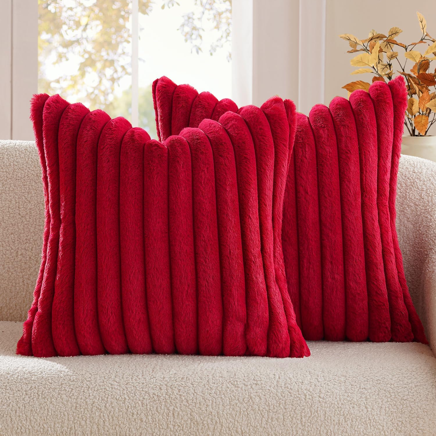Red Fuzzy Christmas Throw Pillow Covers 2 Units, Striped 18x18 Inch Plush Cushion Cases…