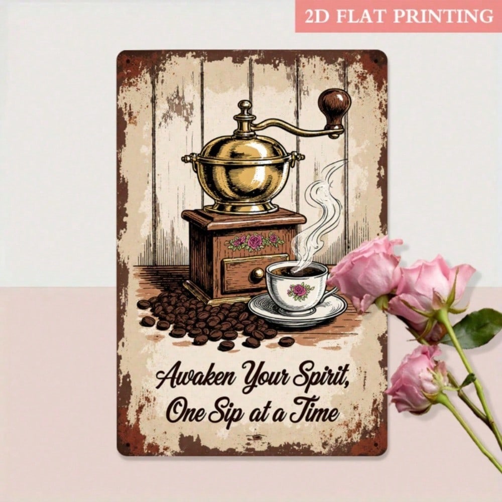 Vintage Coffee Metal Wall Sign, Retro Coffee Bean & Cup 2D Flat Iron Plaque