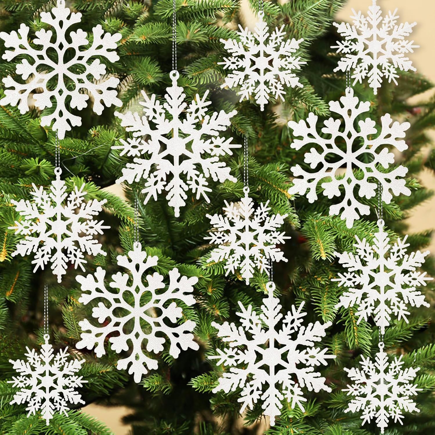 White Snowflake Christmas Ornaments 36 Units, Glitter Plastic Snowflake Decorations For…