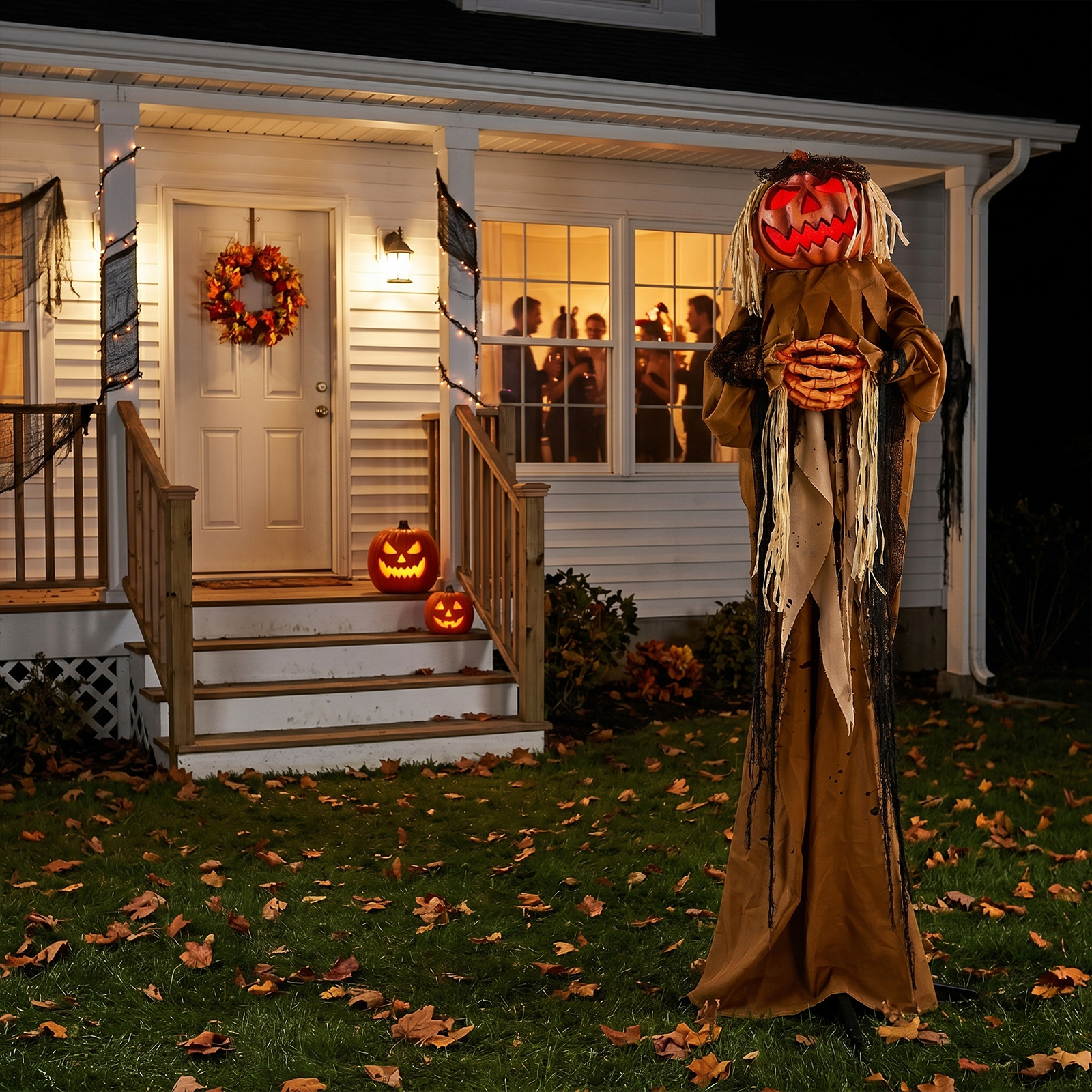 5.5ft Halloween Pumpkin Man Decoration With Red Glowing Head,Sound-Activated Head-Turning…