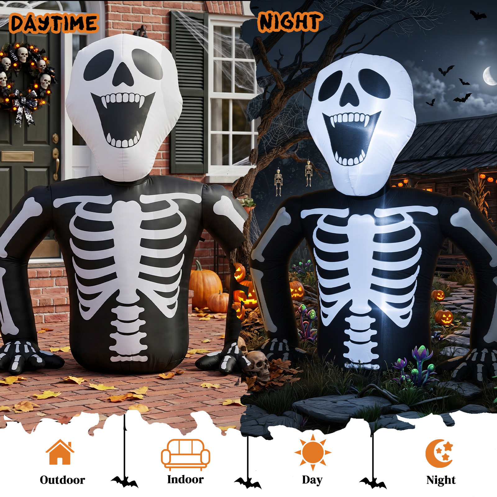 6ft Half-Skull Inflatable Decoration With 3 LED Lights,Black And White,1000mA,12V US Standard